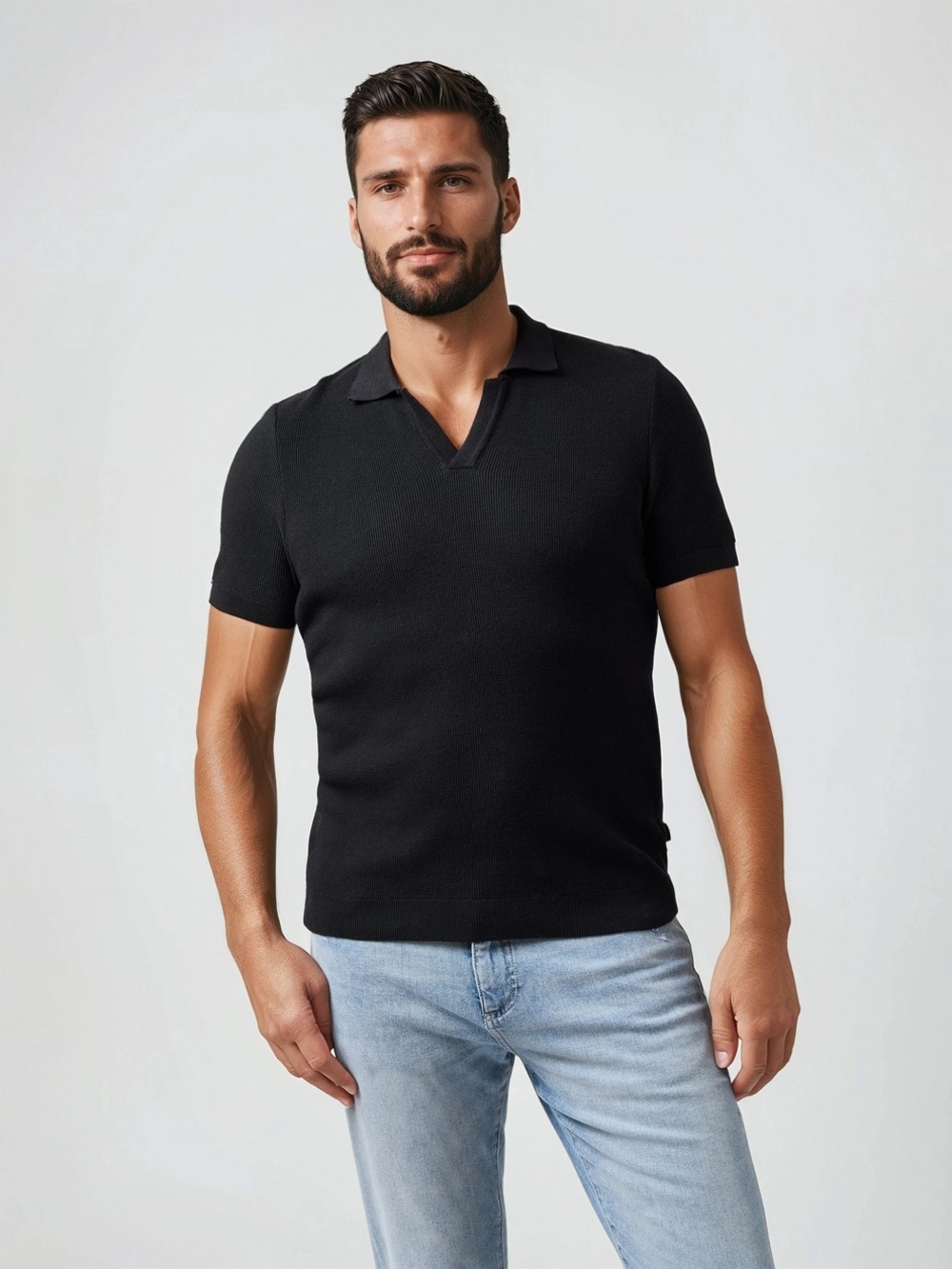 Nwt Kenneth Cole New York Black Short-Sleeve Polo with Open Collar